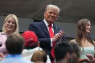 Donald Trump (center) in attendance for the men's singles final at the 2025 US Open (Source: Getty)